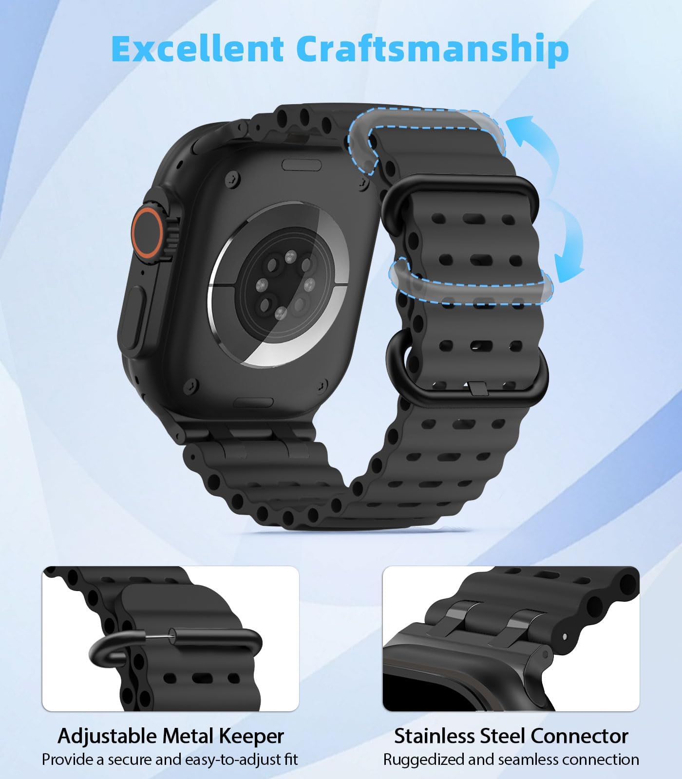 MoKo Cinturino Ocean Compatibile con Apple Watch Ultra 3/2/1 49 mm, S11/S10 46 mm, 9/8/7 45 mm, SE3/SE2/SE/6/5/4 44 mm, 3/2/1 42 mm, Cinturino Sportivo in Silicone Traspirante