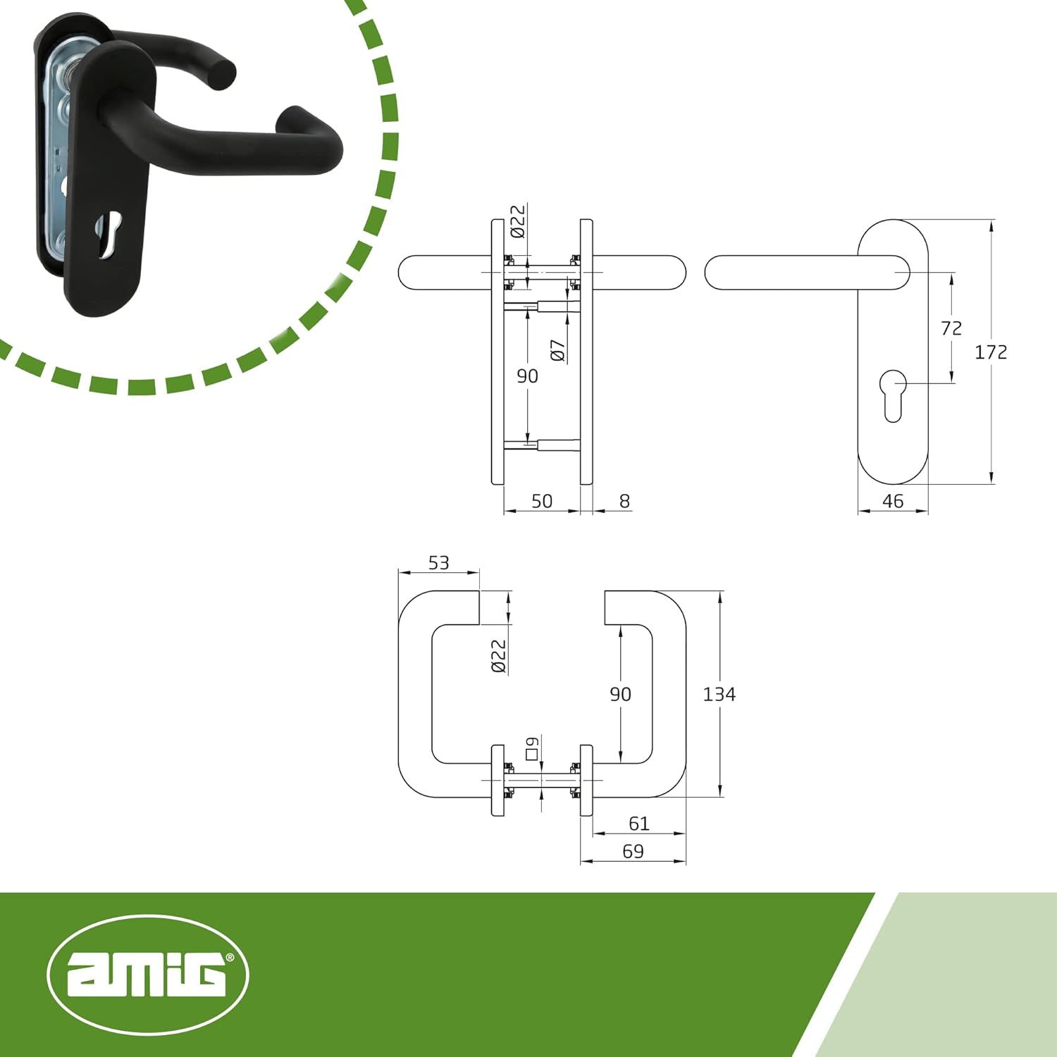 Amig - Set of Door Handles with Polypropylene Plate | Mod. 3PB72 Black | 172 x 46 mm | 9 mm Square | with Key | Steel and Polypropylene Black