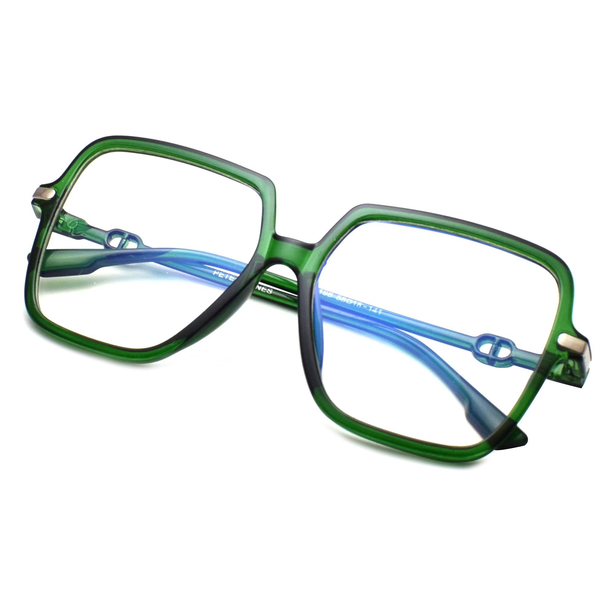 Peter Jones AG5198 - Gafas cuadradas para computadora para mujeres/niñas con cero potencia con bloqueo de luz azul (talla grande/extragrande), Verde Transparente, L