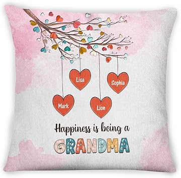 Grandma Gifts, Happiness is Being A Grandma Heart On Branch Tree Pinky Style, Personalized Square Pillow, Gifts for Nanny from Grandchildren, Sofa Couch for Mothers Day Xmas