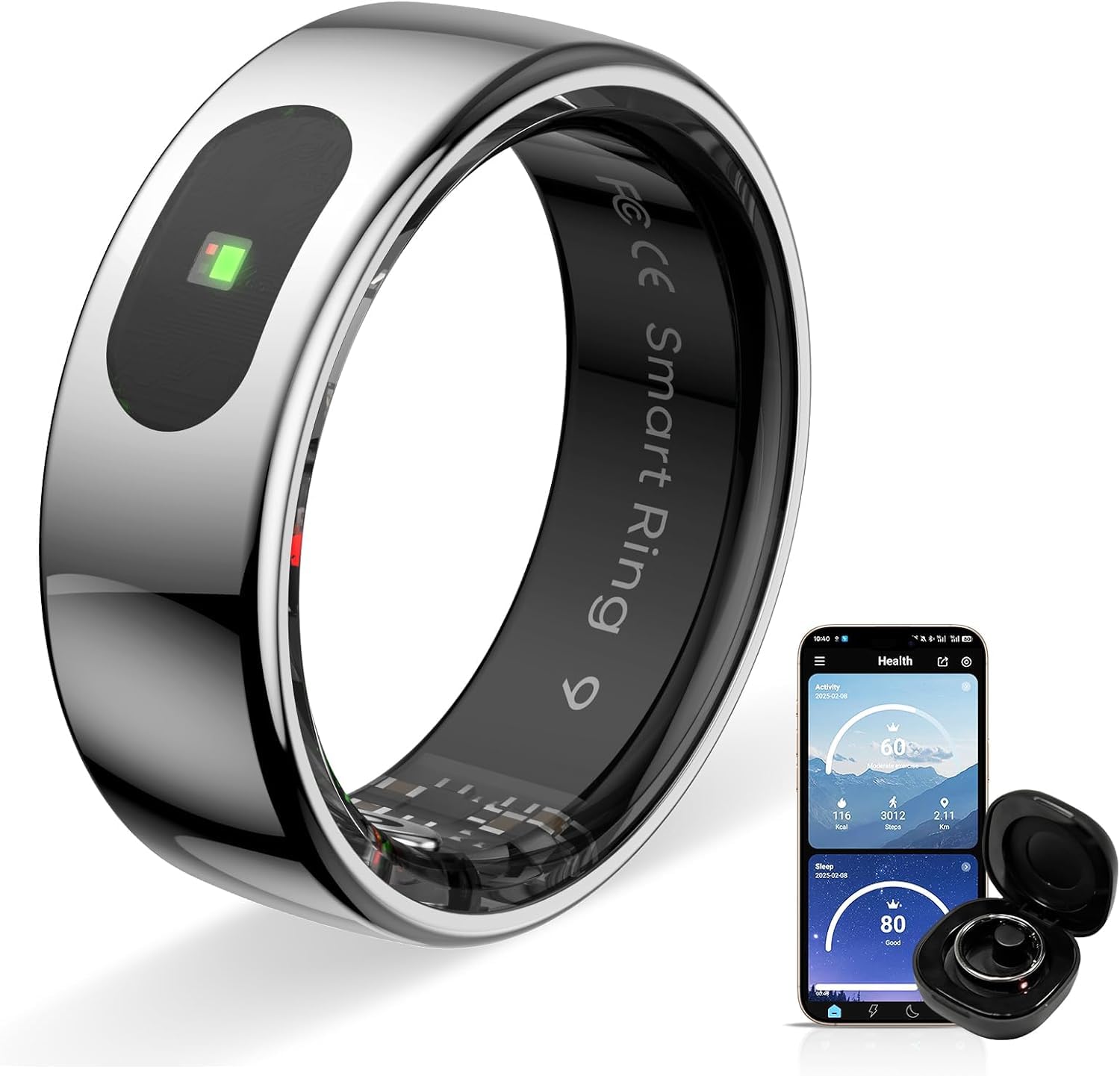 Anneau Intelligent LED Tactile, Tracker d'activité/Fréquence Cardiaque/Sommeil/Oxymétrie, Bague Connectée 5ATM, Contrôle Musique/Vidéo, Smart Ring Fitness Tracker Compatible iOS/Android (Argenté, 10)