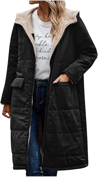 Puffer Jackets Women Long Parka Winter Warm Coats Sherpa Fleece Jacket Quilted Hooded Zip Up Faux-Fur Anorak