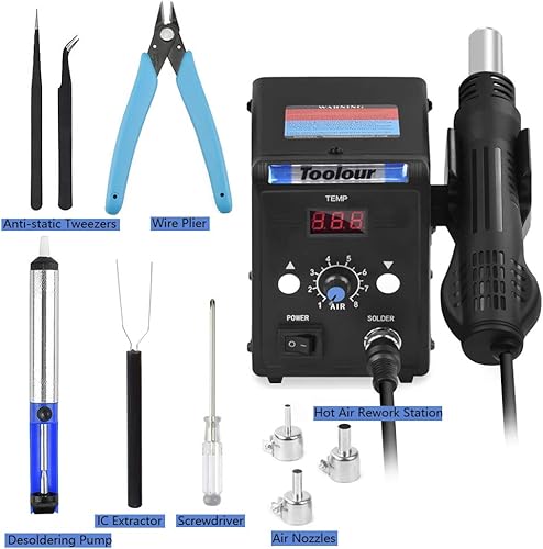 Miniatura 6 de Estación de retrabajo de aire caliente Pistola de calor de soldadura, pantalla °F/°C, pistola de aire caliente SMD de 110V, estaciones de soldadura