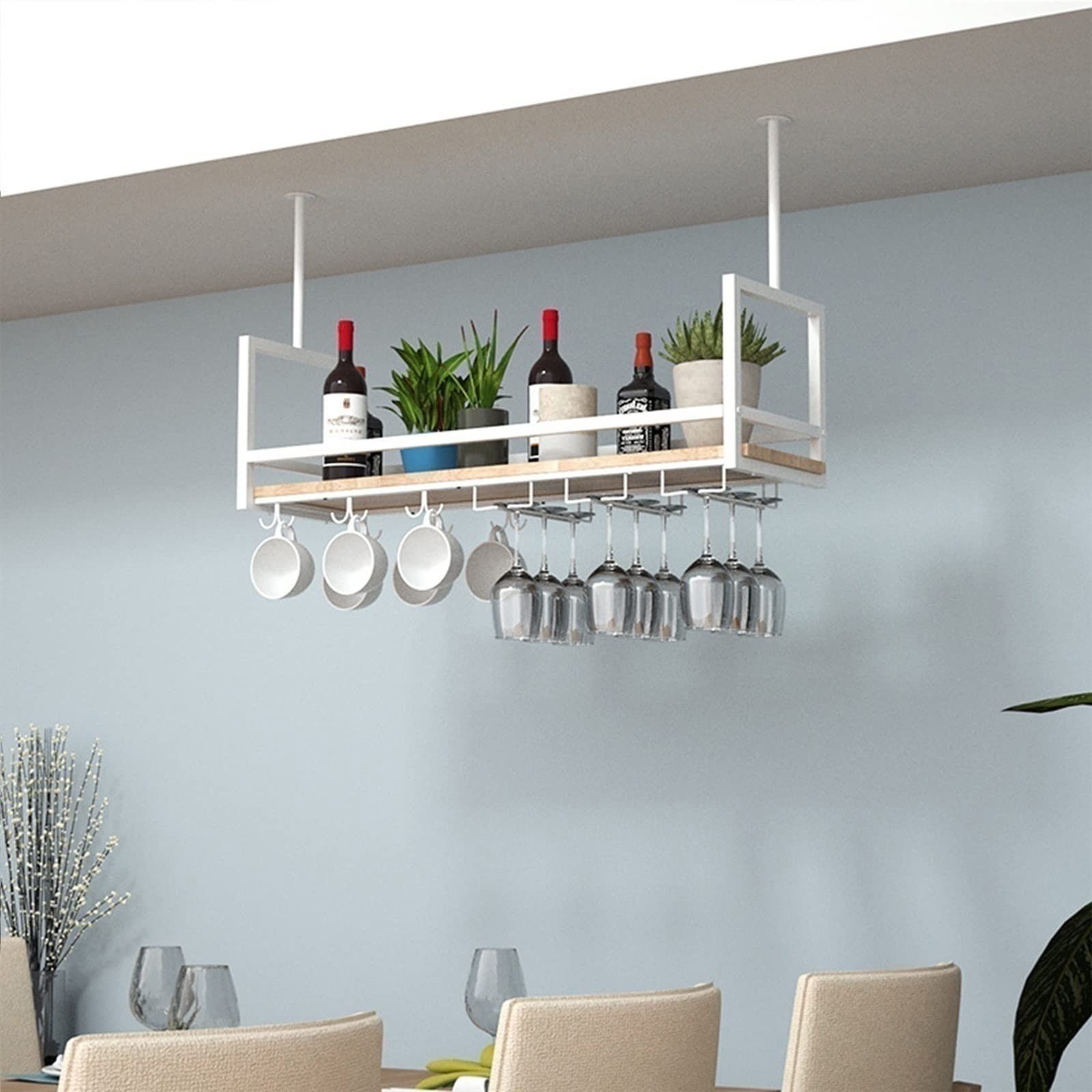 Étagère de plafond suspendue avec casier à vin et support verres