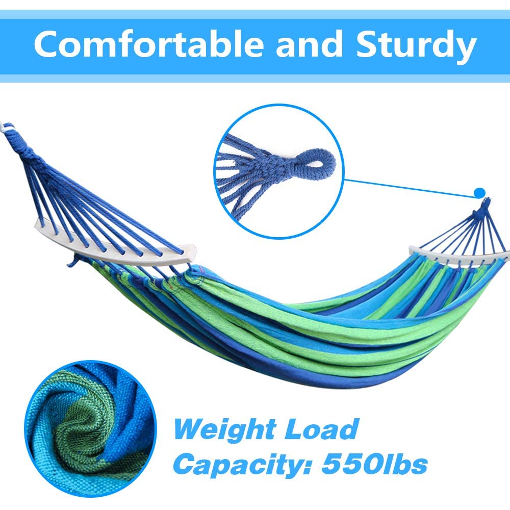 Doppel Hängematte 280 x 150 cm, Outdoor Hängematten Stabhängematte für Reise Camping Wandern Garten, tragbar und atmungsaktiv, Belastbarkeit bis 300 kg, Blaue Streifen