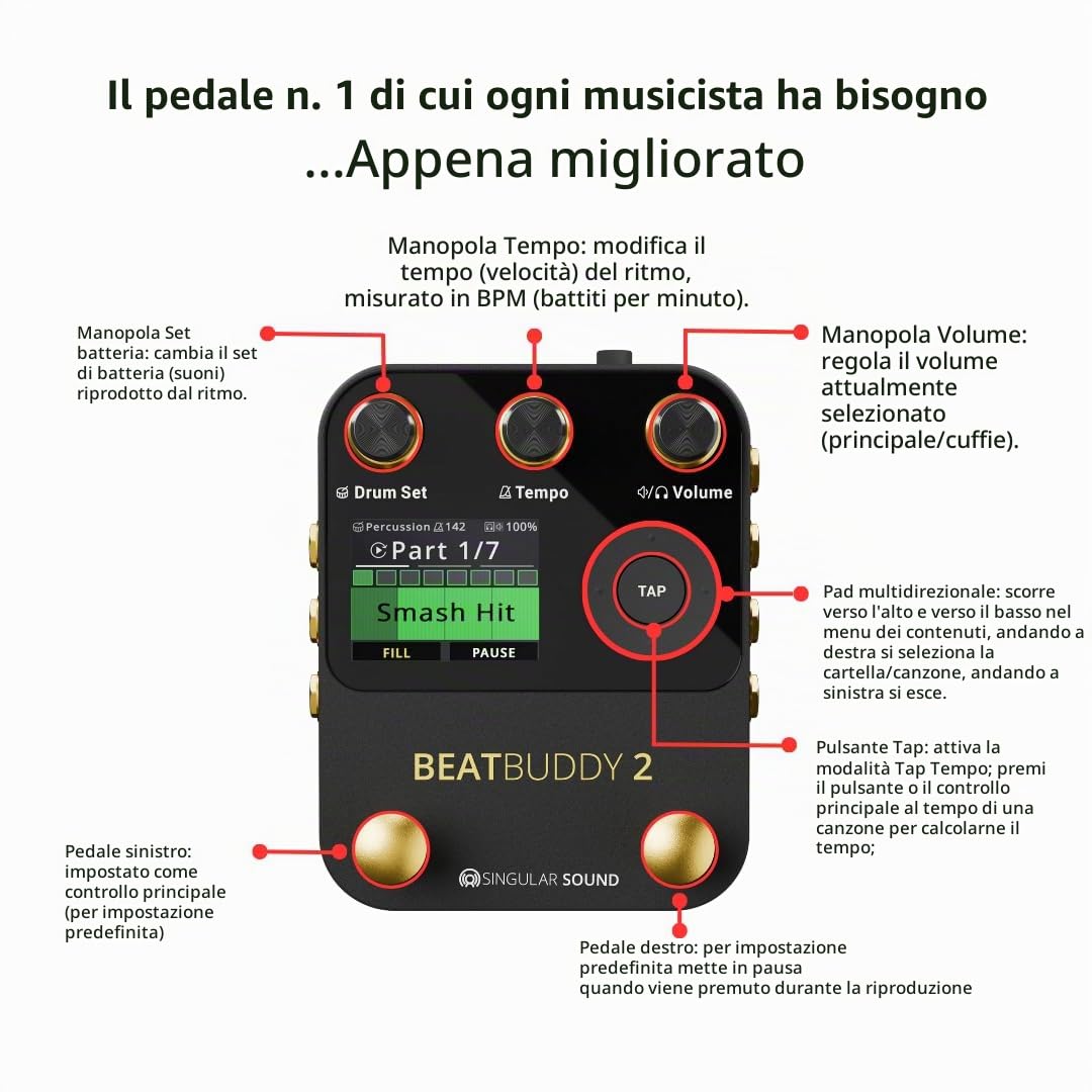 Singular Sound BeatBuddy Mini 2 Pedale effetti (9 set di batteria, 24 generi, oltre 200 stili, pedale per batteria per chitarra e basso, facile da usare, con display LED)