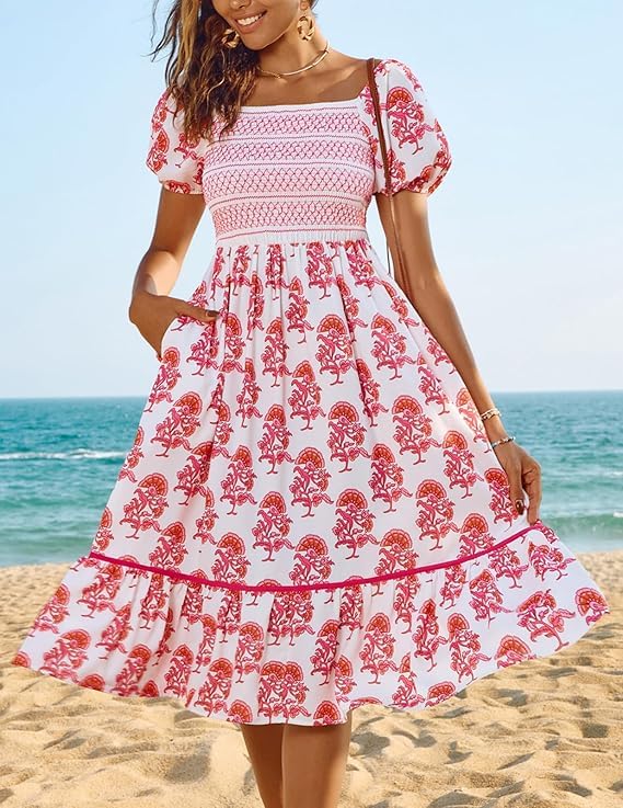 Damen Smocked Mieder Floral Midi Kleid Quadratischer Ausschnitt Kurze Puffärmel A-Linie Kleid mit Taschen Casual Sommer Strand Sonnenkleid – Bild 3