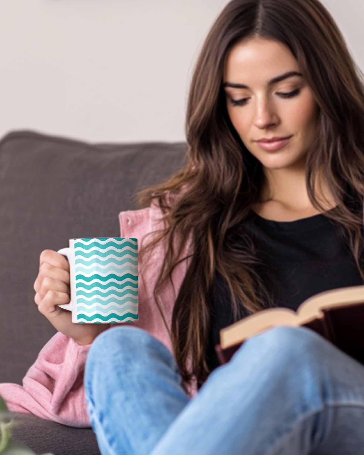 BEMIGO Ceramic Coffee Mug Gradient Green Moire Stripe Ceramic Mug White Cup, Cyan Insulated Coffee Cup with Handle with Pattern Perfect for Tea and Hot Beverages, 12oz