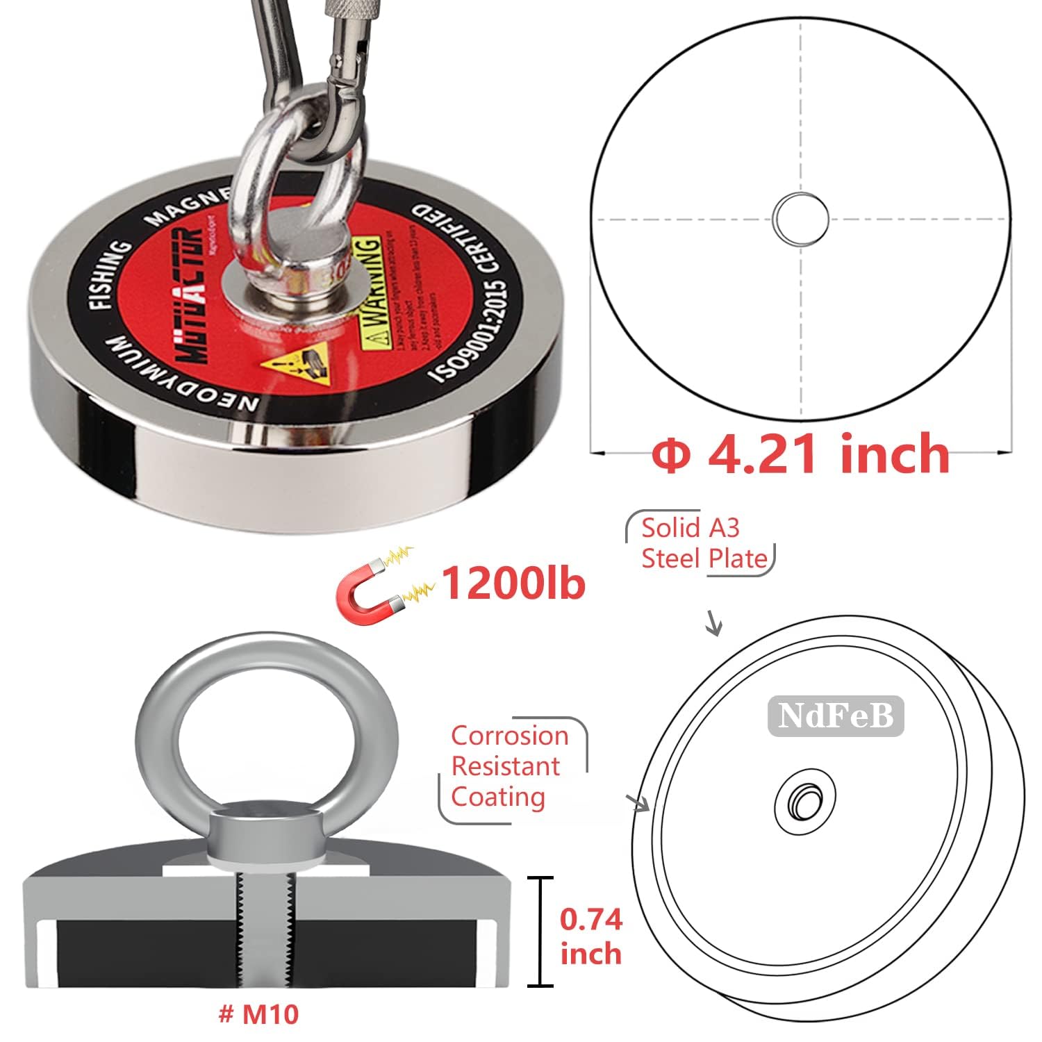 MUTUACTOR Kit d'aimant de pêche 600KG aimant de récupération puissant N52 avec corde durable de 20 m (66 pieds) pour la pêche à l'aimant et la récupération magnétique sous l'eau …
