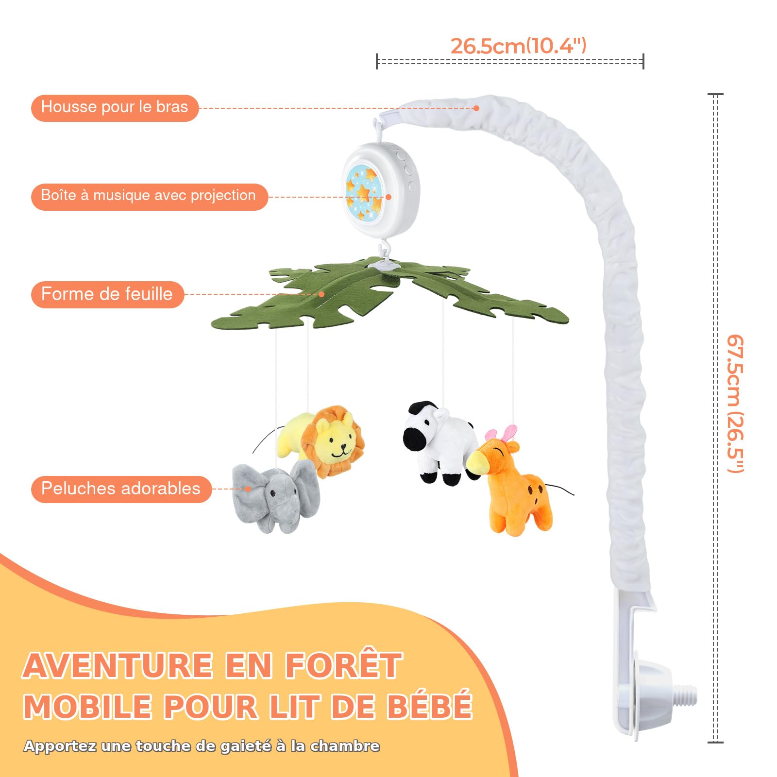 Orzbow Mobile bébé avec musique et lumière, blanc | Lit bébé mobile avec minuterie projecteur et télécommande, installation facile, mobile bébé pour lit pour garçons et filles