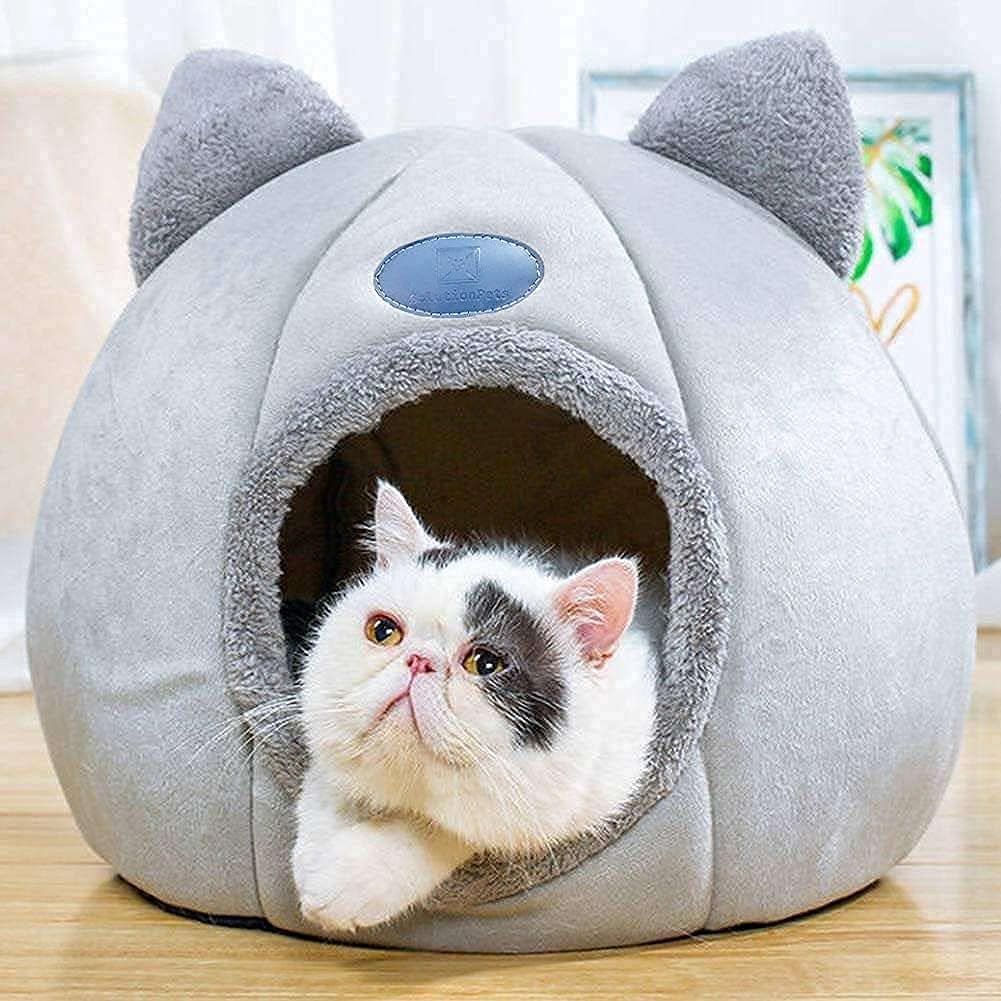 SolutionPets Cat & Dog Cave Bed, Semi-Enclosed Cat Cave Bed, Machine Washable Easy Cleaning, Deep Sleep & Stress Relief : Pet Supplies