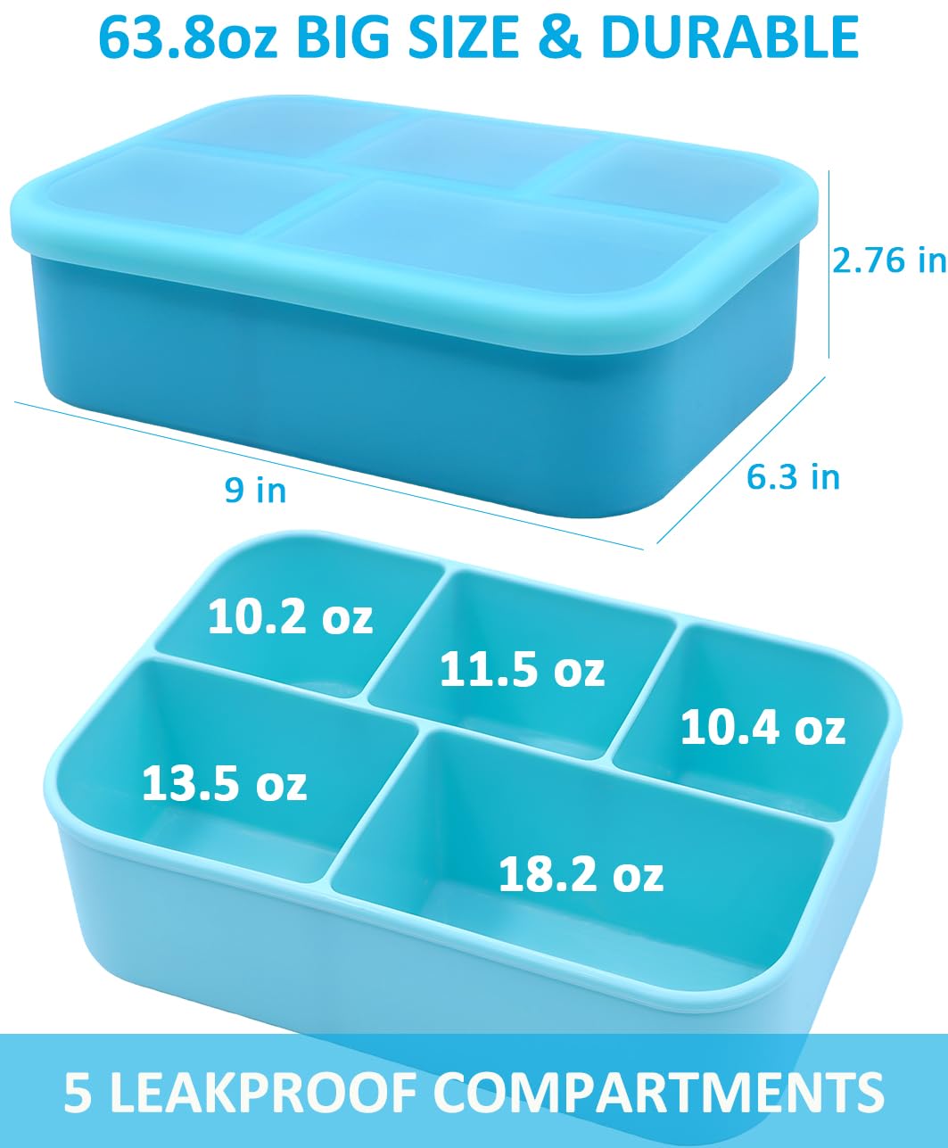 FUSMYE 2 Pack Big Size Platinum Silicone Bento Box Lunch Box with lid, 63.8oz, 5 Leakproof Compartments Snack Food Storage Container, Microwave Freezer Dishwasher Safe, BPA Free(Blue+Green)