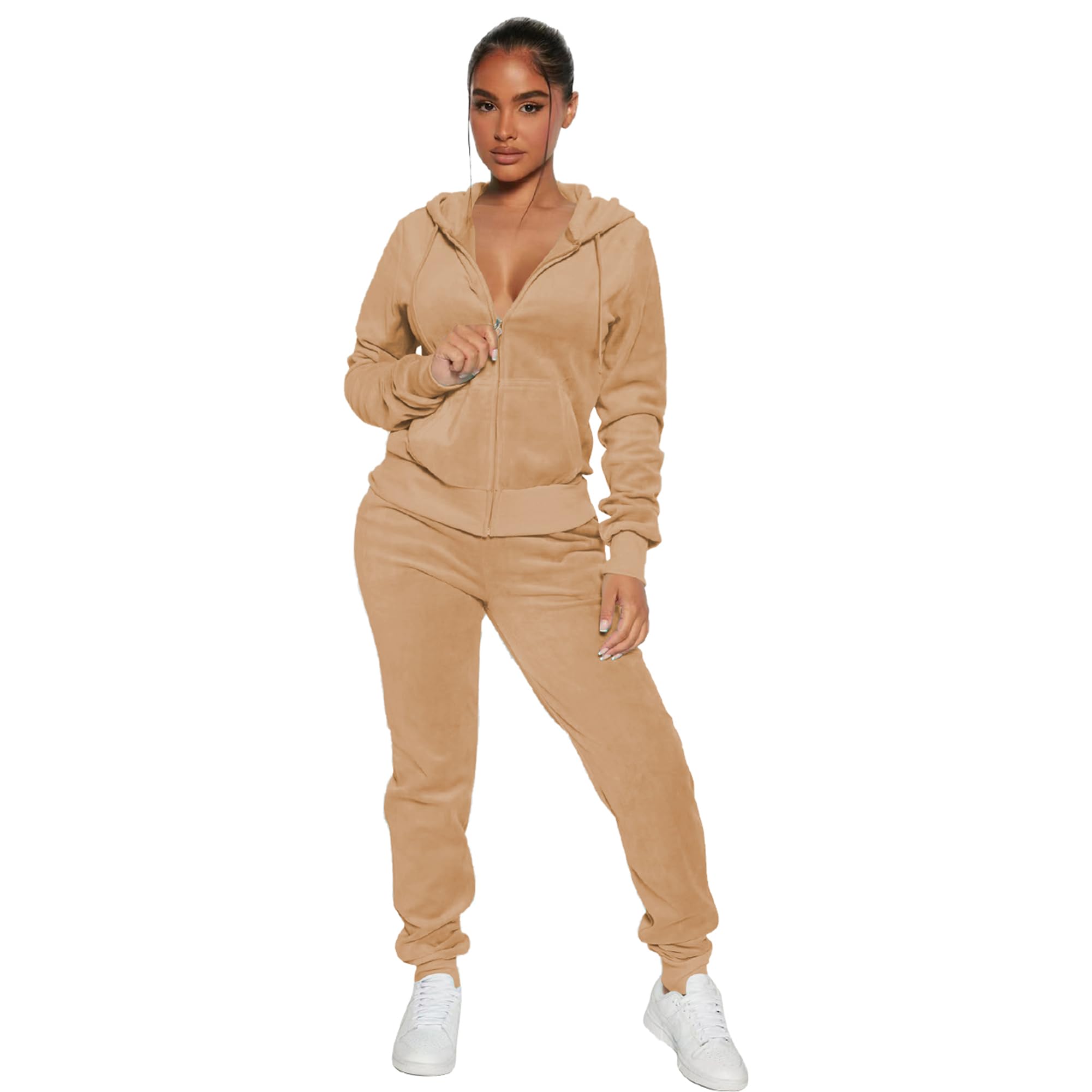 yidengymx Womens 2 Piece Velour Tracksuit Two Piece Soft Velvet Hooded Outfits for Women Hoodie-khaki XX-Large