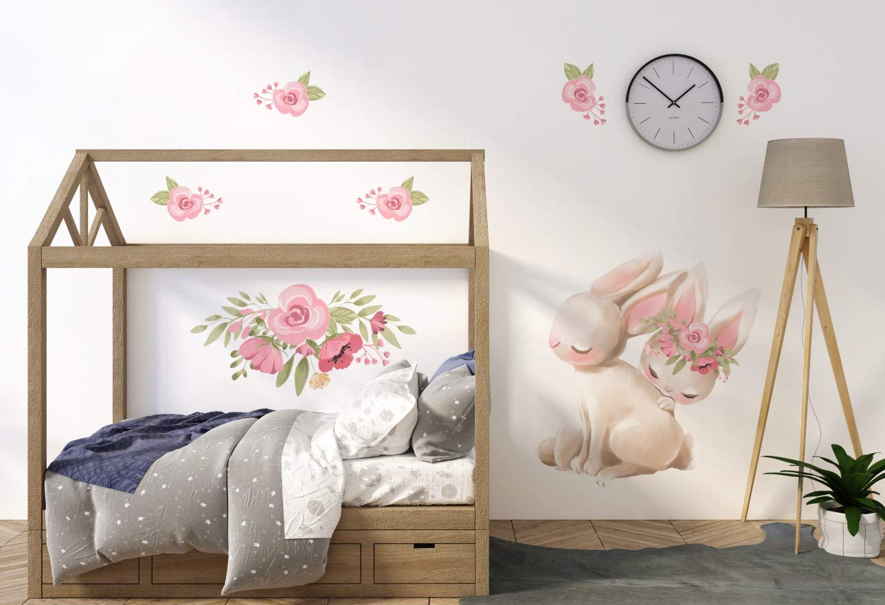 Adesivo da parete con simpatico coniglietto I fiori per bambini, per la cameretta dei bambini, con immagine di Osomhome (190 x 189 cm) os2436