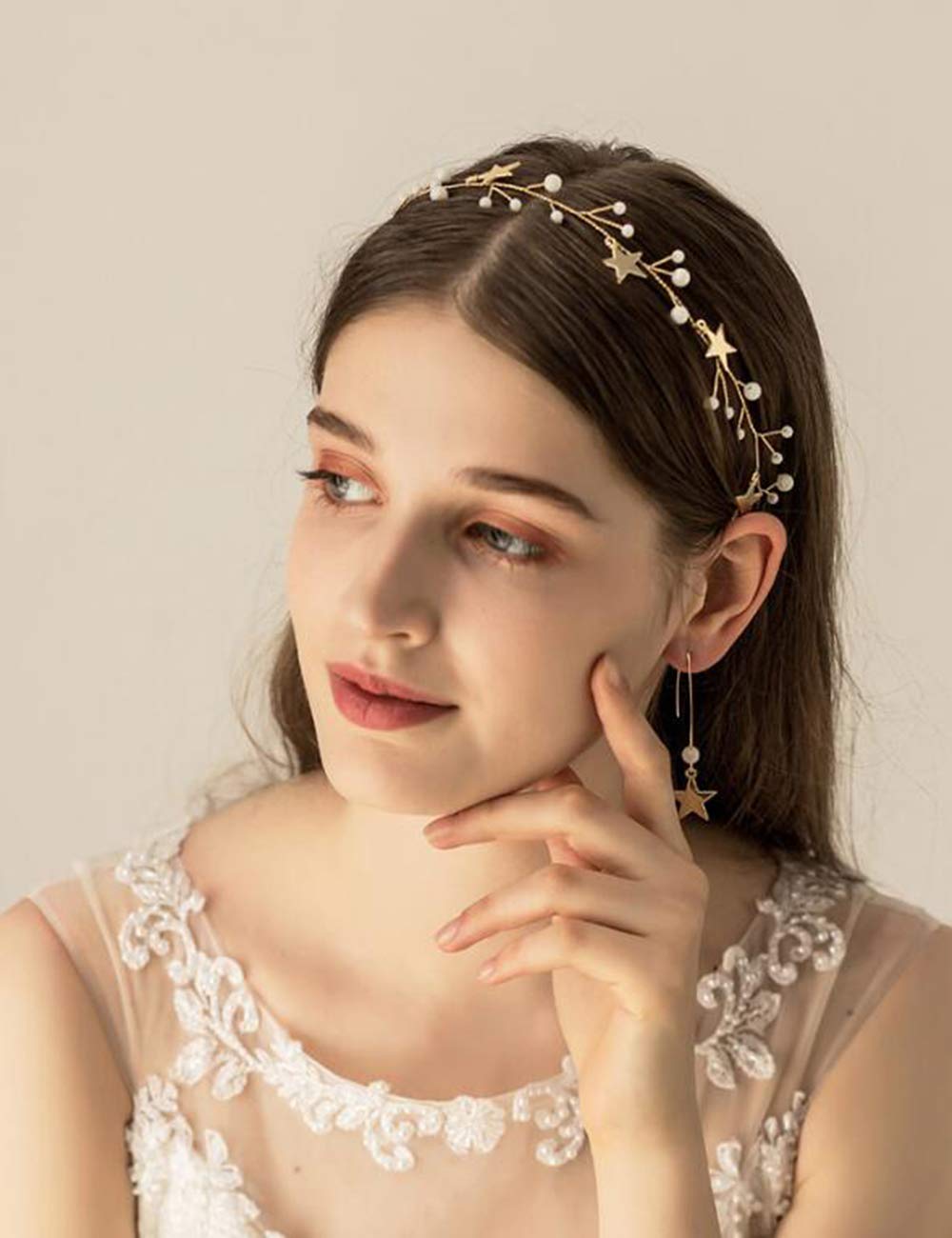 Amazon.com: BERYUAN Sequins Pearl Star Headband Earrings Set  display picture 2