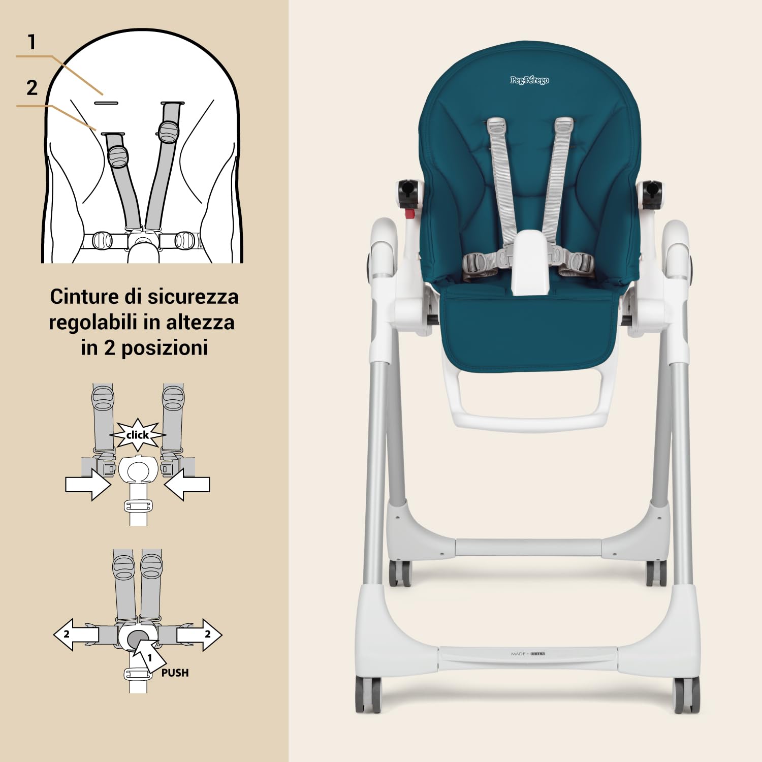 Peg Perego Prima Pappa Follow Me Seggiolone Pappa Neonati Reclinabile, Funzione Sdraietta, 4 ruote, Pieghevole e Ultracompatto, per Bambini da 0 a 3 Anni (0-15 kg), Petrolio