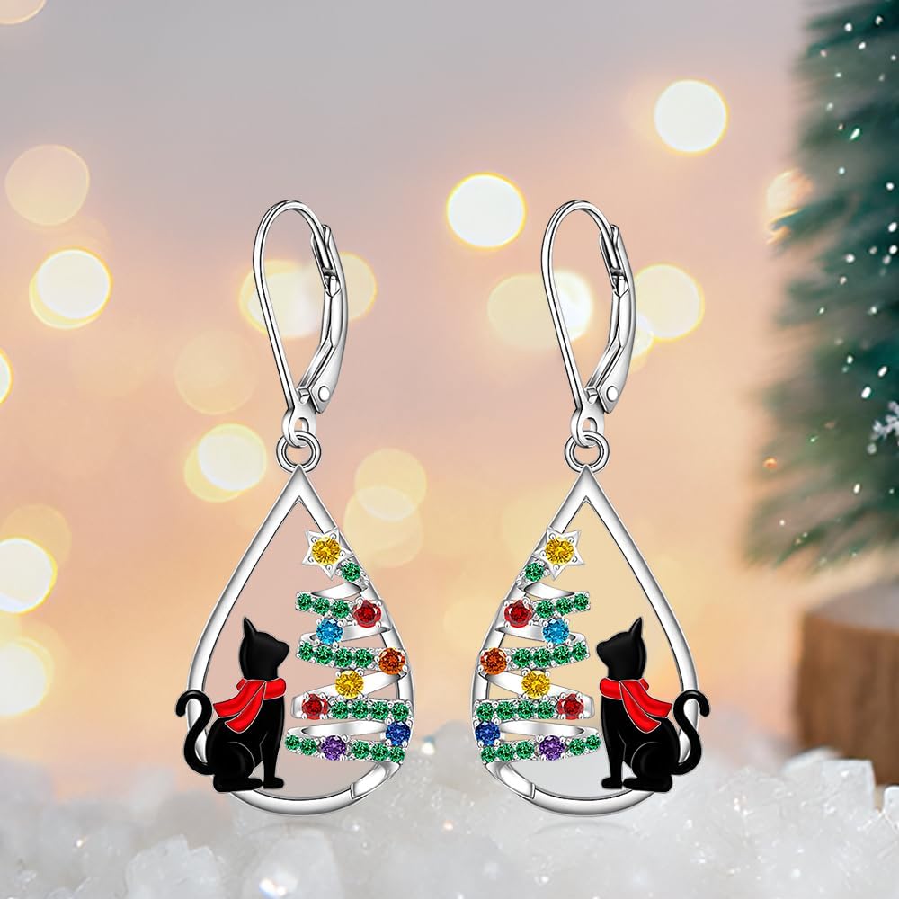 Black Cat Earrings Christmas Tree Earrings for Women Sterling Silver Dangle Cat Earring Holiday Leverback Halloween Christmas Cats Gifts - Image 8