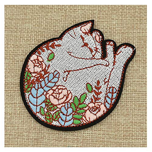 Koobook 2Pcs Flower Sleeping Cat Embroidery Patch Iron On Applique Diy Handmade Garment Applique Decor For Bag Clothes #TOP1