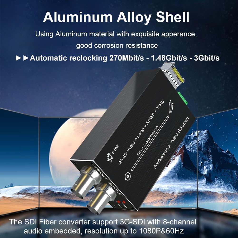 Mini 3G SDI Fiber Extender 1080P 3G Over Fiber Converter Broadcast Level Video Fibre Optic Converter Include SFP Module Single-Mode Single Core 20km with RS485 Tally and Loop Output Type-C 5V Power