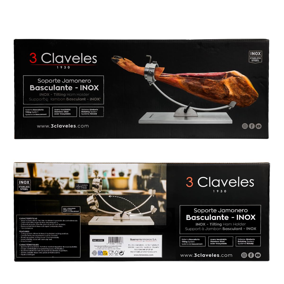 PracticDomus Soporte Jamonero Profesional Plegable y Cabezal Giratorio de Acero con Cuchillos y Chaira (3C Acero EVO)
