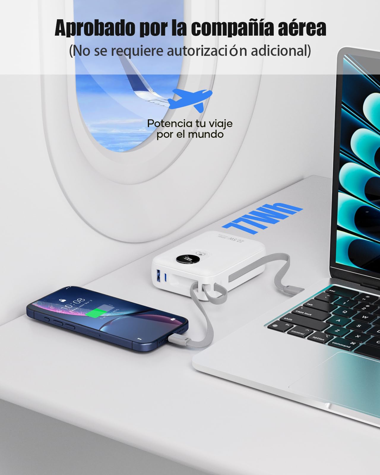 20000mAh Power Bank con Cable Incorporado: Batería Externa de Carga rápida de 22.5W para teléfono móvil, Battery Pack USB C (Entrada y Salida), Cargador portátil con 4 Salidas y 2 entradas-Blanco