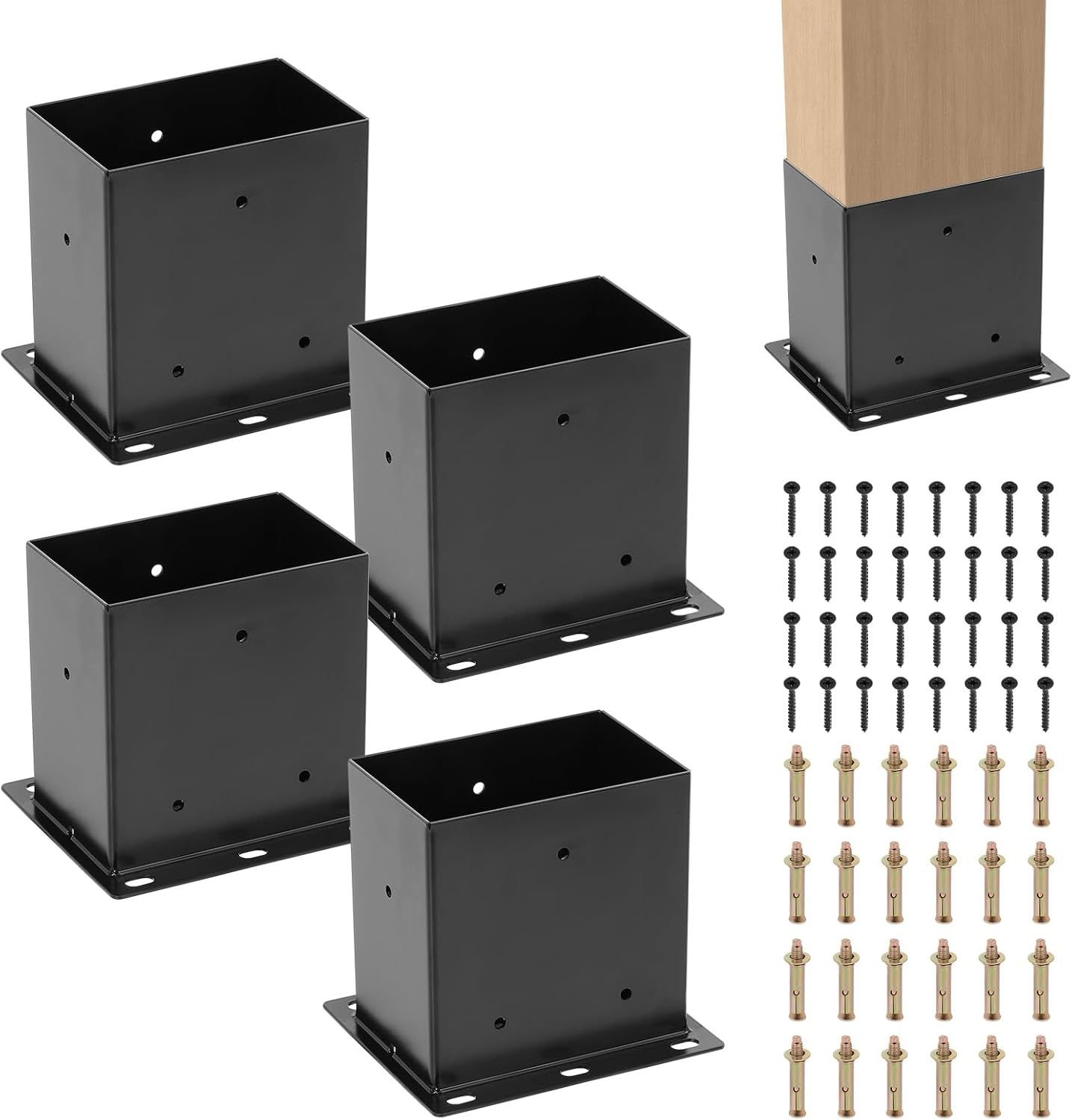 4 x 6 Post Base 4 PCS, (Inner Size 3.6x5.6) Post Brackets, Metal Steel Black Powder-Coated Column Outdoor Framing Post Brackets for Pavilion Railings Support Deck Base Plate Fence Kit