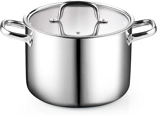 Cook N Home Stainless Steel Stockpot 8 Quart, Tri-Ply Clad Stock Pot with Glass Lid, Silver