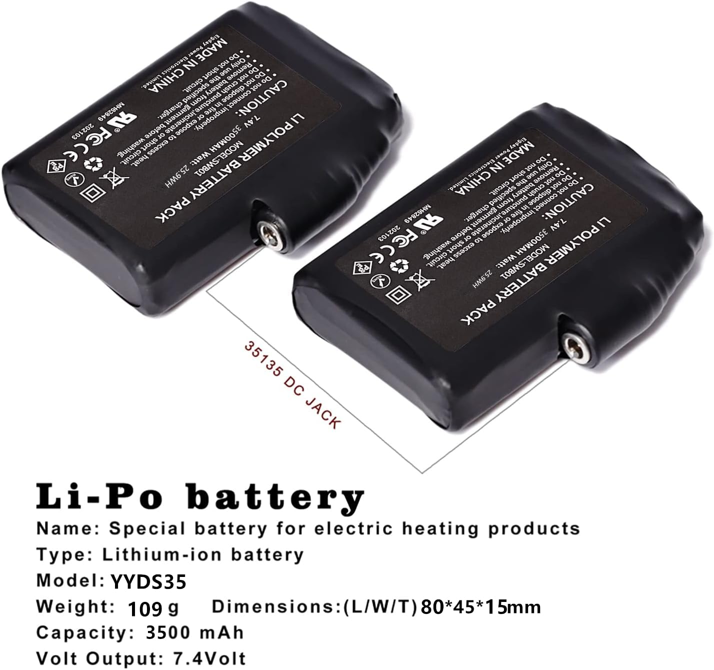 Batterie ricaricabili ai polimeri di litio da 7,4 V, 2200 mAh/3500 mAh/5000 mAh, per guanti riscaldati a batteria, guanti e calzini riscaldati (3500 mAh)