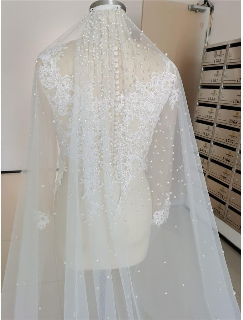 300cm Long Pearls Wedding Veil Tulle 1T Bridal Veil Beaded Bride Veil Ivory Bridal Party Veils with Comb(OneColor)