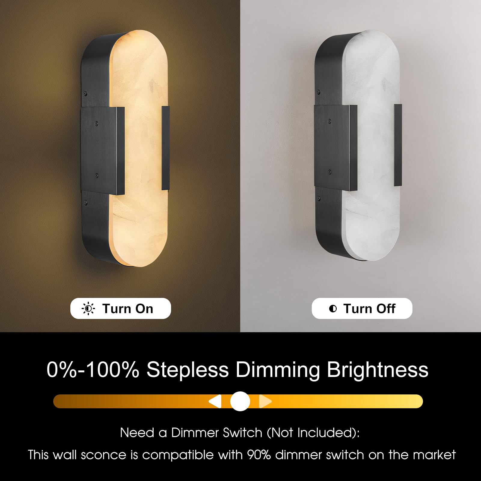 Apliques de pared de mármol natural, juego de 2, 35 cm (13,8"), color alabastro negro, iluminación moderna con cableado fijo para tocador, luz cálida de 3000 K, para baño (13.8inches)