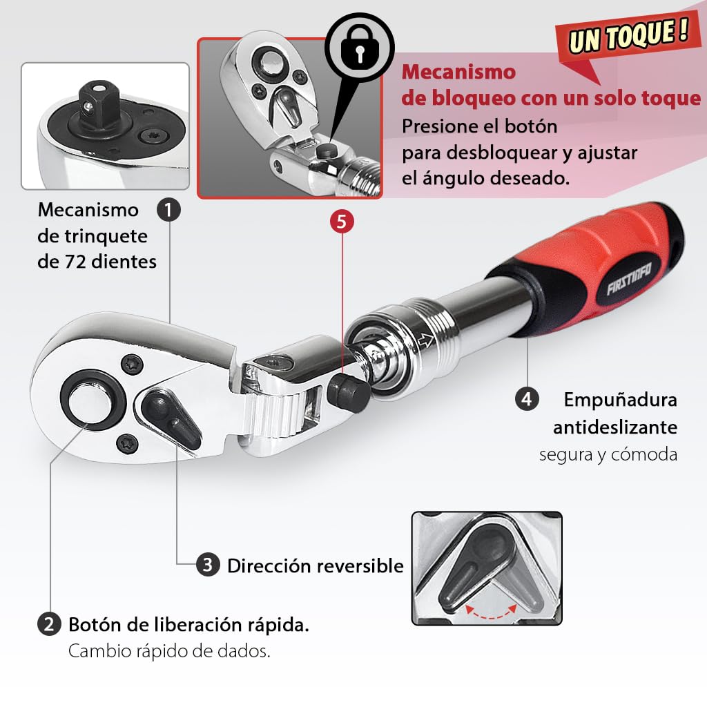 FIRSTINFO F3222NC | 3/8" Flexible extensible carraca reversible | 72 dientes | Extensible 260-360mm
