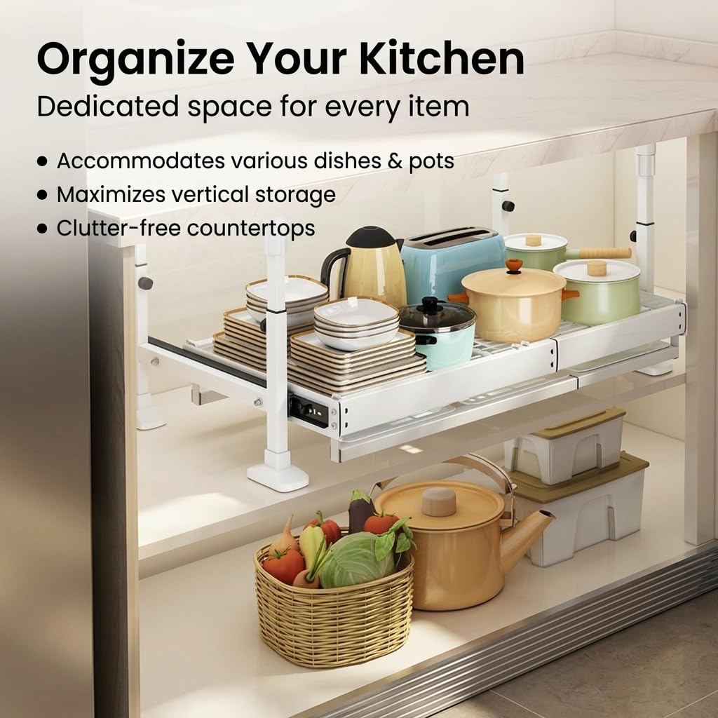 Schrank Organiz Küche Metall, Kohlenstoffstahl Matial, Küchenutensilien Halt, Organisation von Töpfen, Für kleine Küchen, Modern, schlicht, ausziehbar, einlagig, mit Abtropfschale, weiß