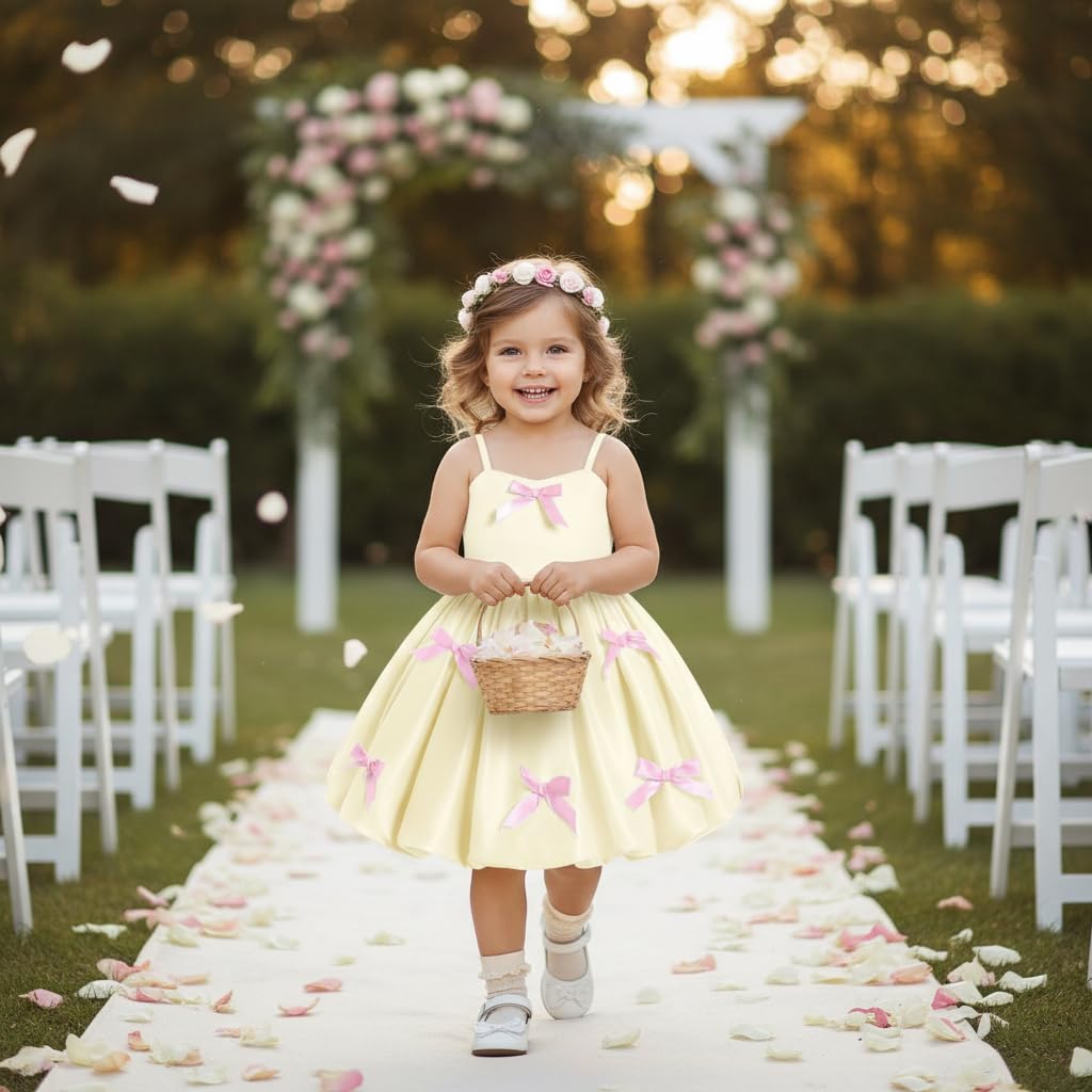 IDOPIP Kleinkind Mädchen Rosa Schleife Geburtstag Kleid Blasensaum Prinzessin Blumenmädchen Hochzeit Festzug formelle Party Kleider Fotoshooting
