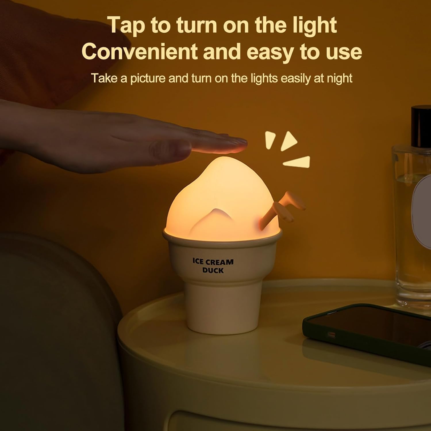 Marys - Luz nocturna con forma de helado, pato para niños, LED táctil, recargable de 1200 mAh, iluminación suave, lámpara decorativa y de noche amarilla