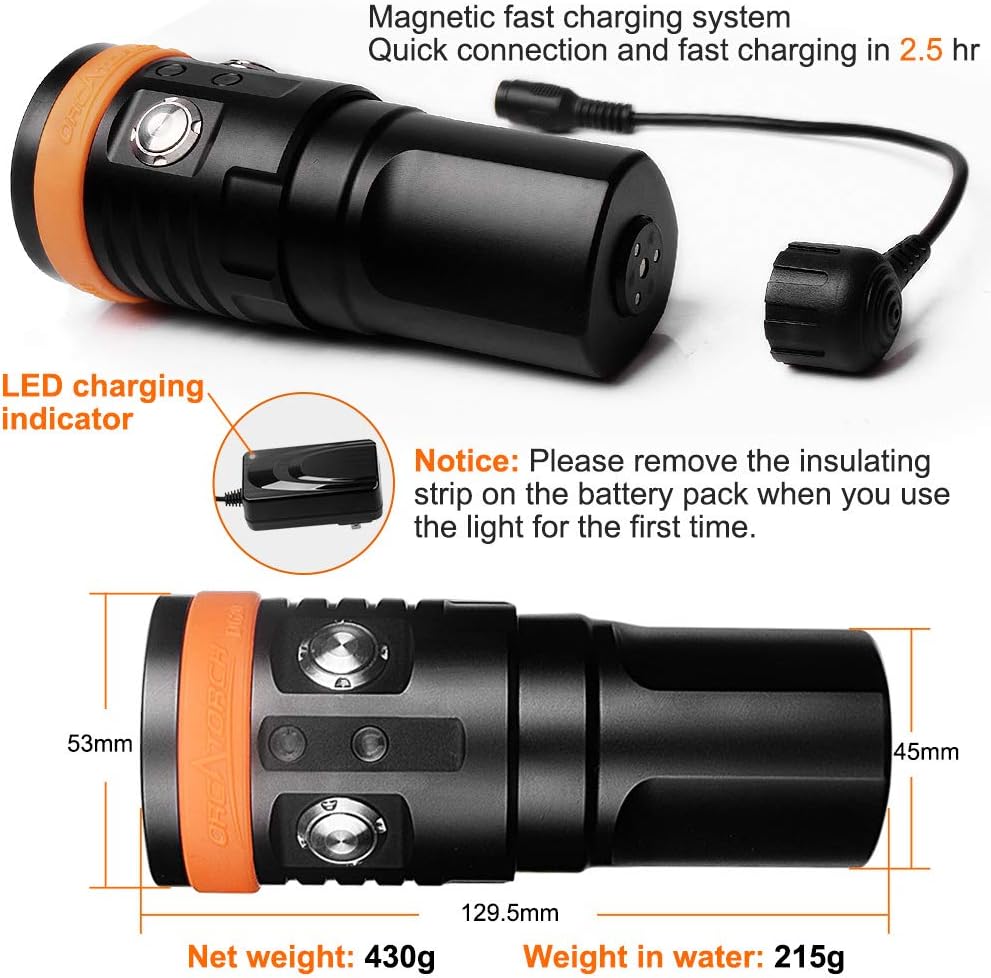 ORCATORCH D900V Underwater Video Dive Light - 2200 Lumens with 4 Colors, Red, UV, Neutral White 120° Flood Beam & Cool White 8° Spot Beam, Dual Titanium Alloy Switch, Battery Indicator for Photography