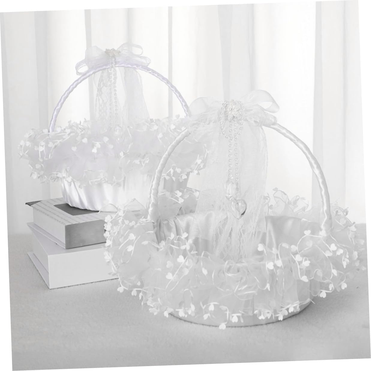 Delicate Handheld Lace Wedding Flower Basket, Foldable White Decorative Basket for Flower Girl, Wedding Ceremony Supplies