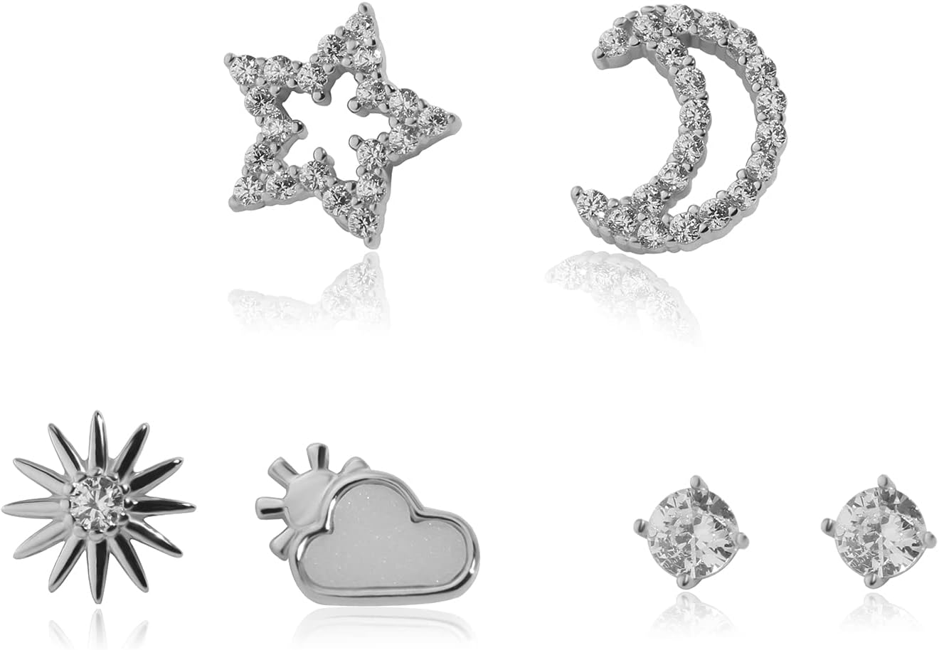Meissa Sterling Silver Earring Sets Cute Moon Sun Star Studs Tiny Dainty Diamond Studs Perfect for Multiple Piercings
