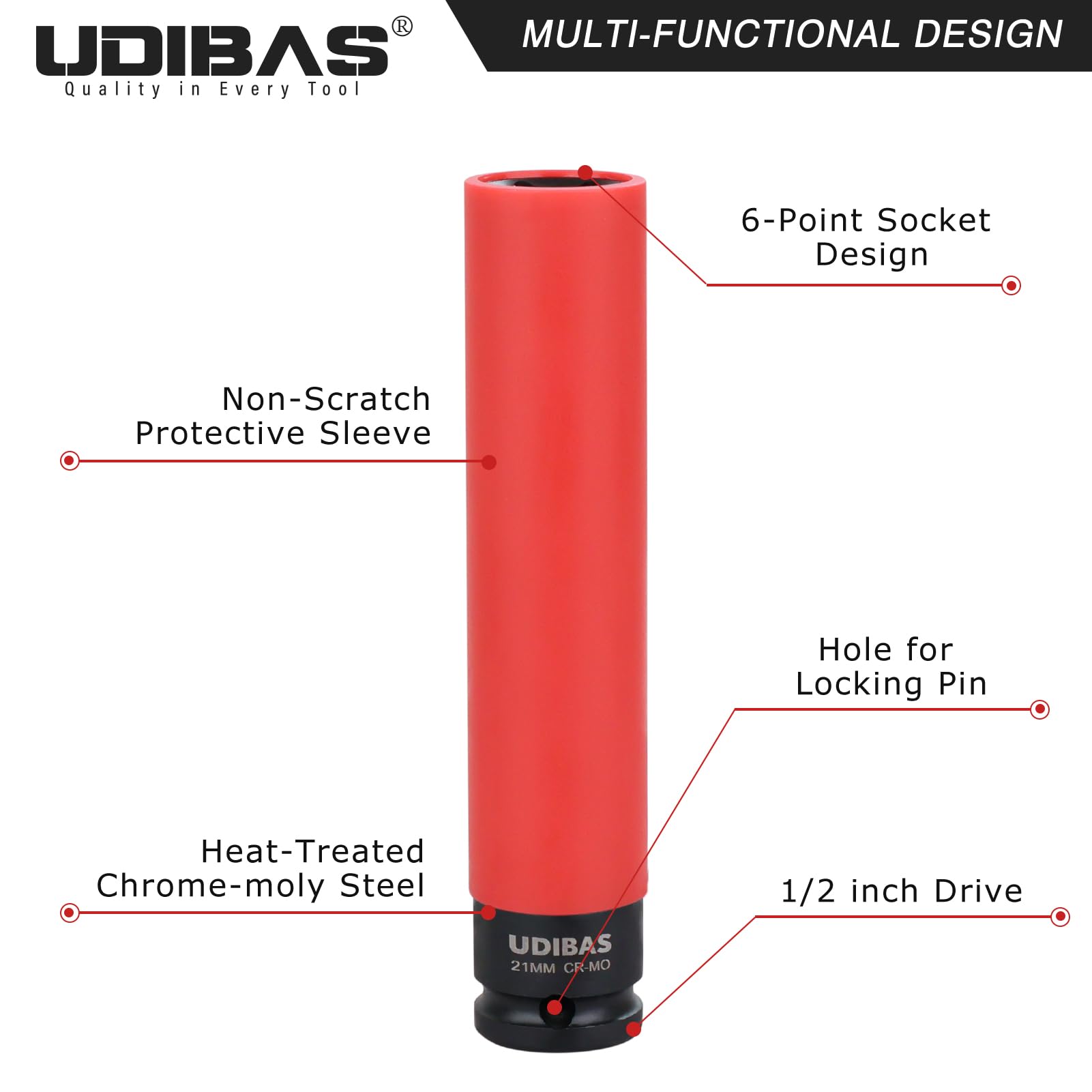 21mm 1/2-Inch Drive Extra Long Impact Lug Nut Socket,Deep,Metric,with Protective Sleeves and High-Strength,Non-Marring CR-MO Material