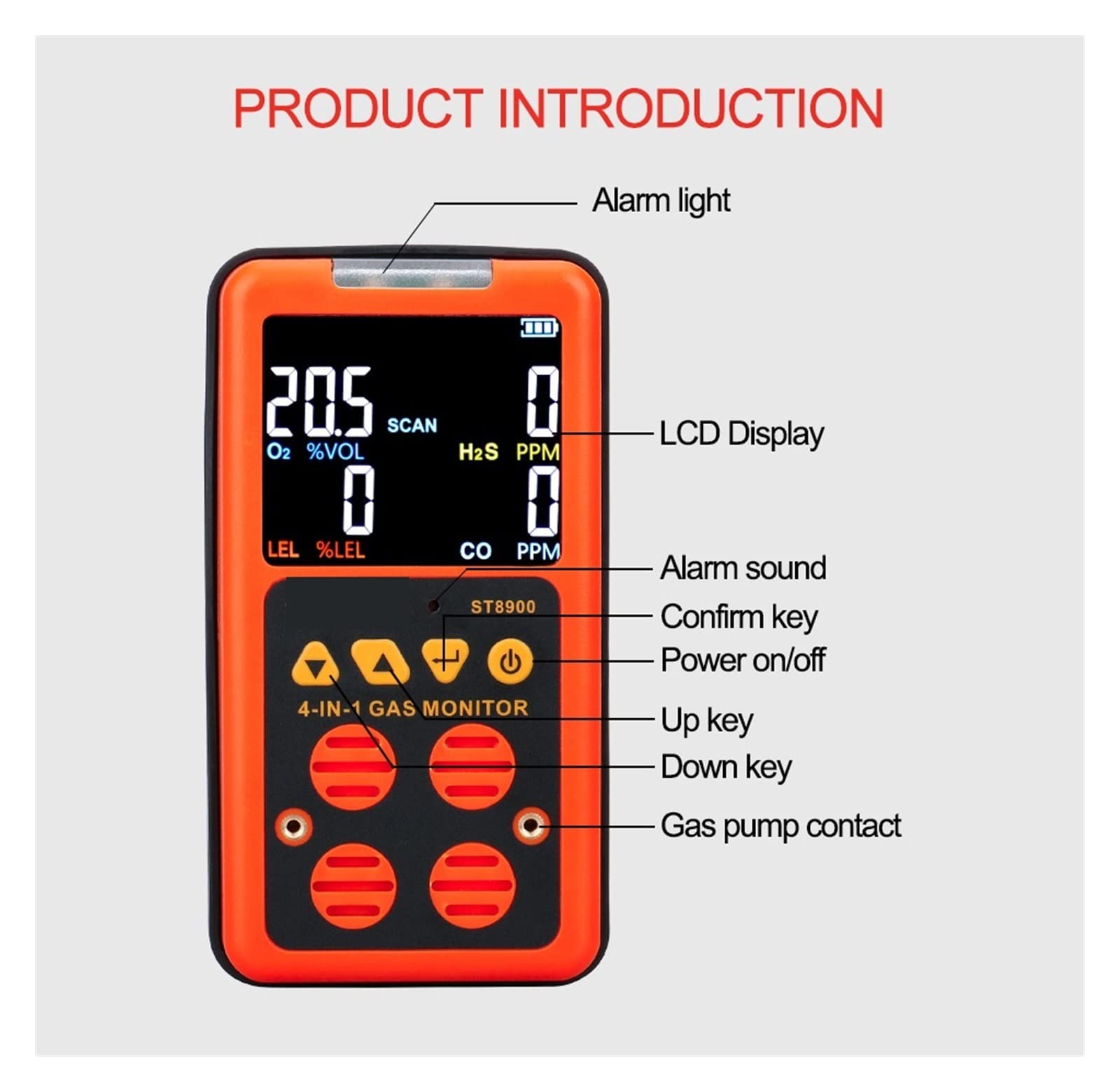 Detector de Gas, Detector de Gases múltiple 4 en 1, Monitor de Gases, oxíno, O2, sulfuro de hidróno, H2S, monóxido de Carbono, CO, Gas Combustible, medidor analizador de Gases LEL.