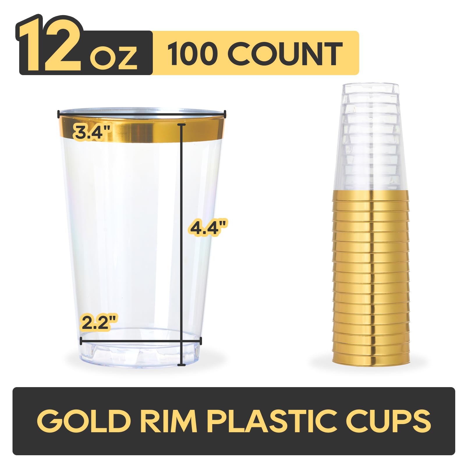 POPOPUL 100 Pack 12 oz Gold Rimmed Heavy-Duty Clear Plastic Cups - Disposable Party Cups for Weddings & Holiday Events