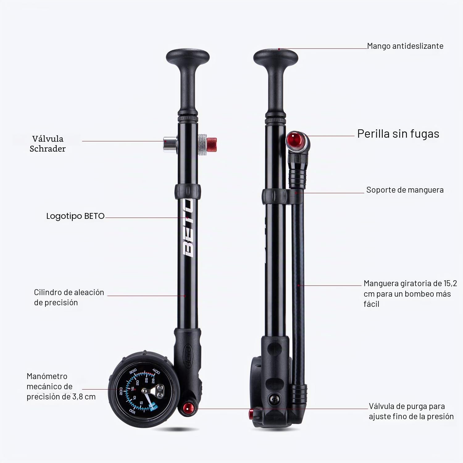 BETO Bomba de Choque de Alta presión – (400 PSI máx.) Bomba de Choque para Bicicleta MTB para Horquilla y suspensión Trasera con válvula Schrader sin pérdida