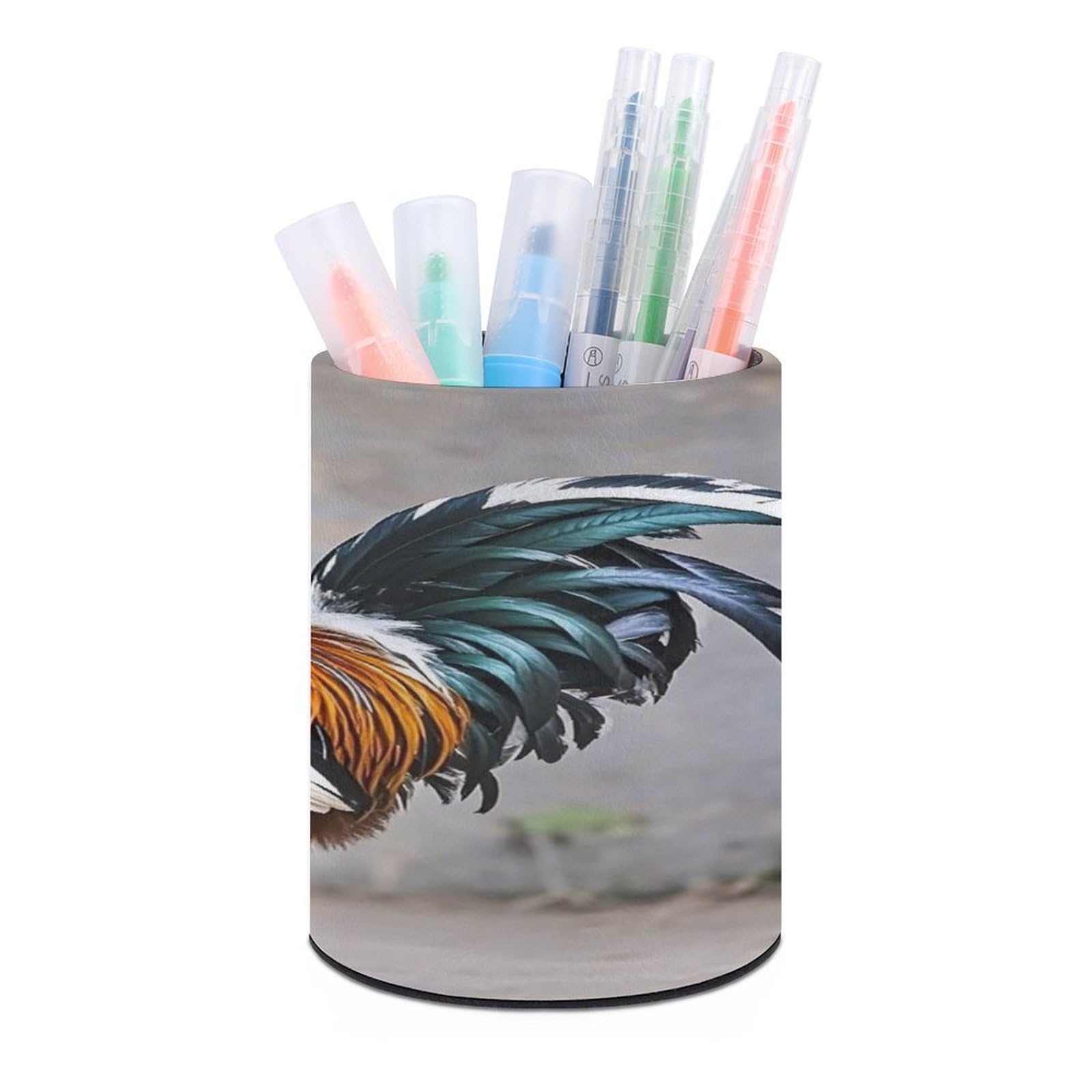 FekiLoot Round Leather Pen Holder - Multipurpose Desk Organizer, Modern Pencil Cup, Rooster Pencil Holder, Unique Makeup Brush Holders for Office Home Supplies & Gifts