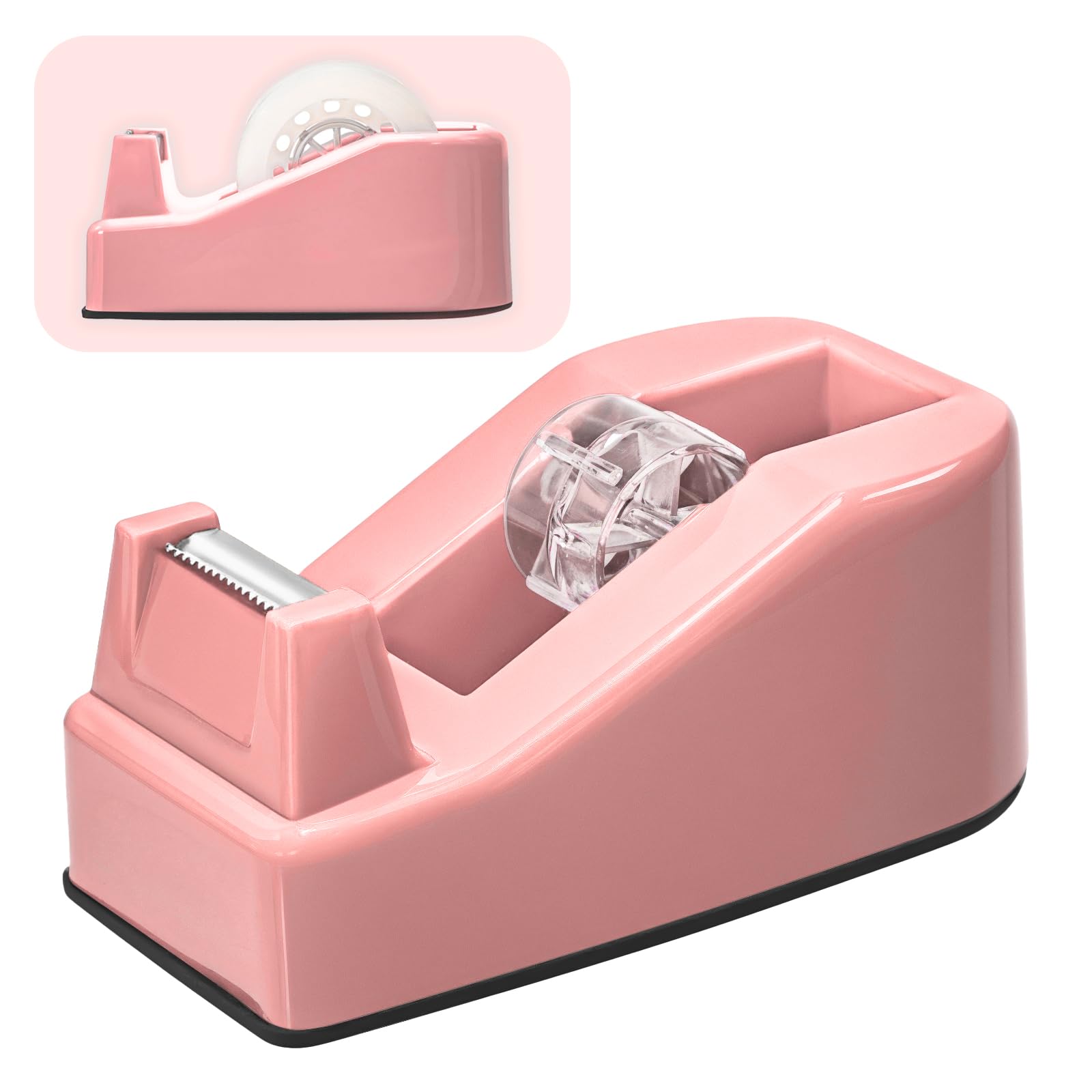 Desktop Office Tape Dispenser, Fits Standard 1-Inch Core Tapes, Weighted Non-Slip Base, Sharp Metal Blade, Smooth Cutting, Adhesive Roll Holder for Office, School, Shop, Home & Business - Pink