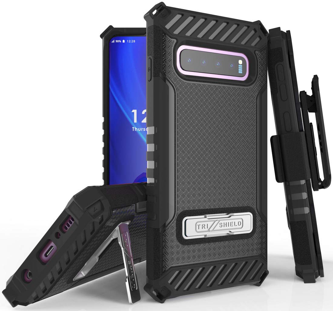 Case with Clip for Galaxy S10, Black Tri-Shield [Military Grade] Rugged Cover with Metal Kickstand [Includes Wrist Strap Lanyard + Belt Hip Holster] for Samsung Galaxy S10 Phone (SM-G973)