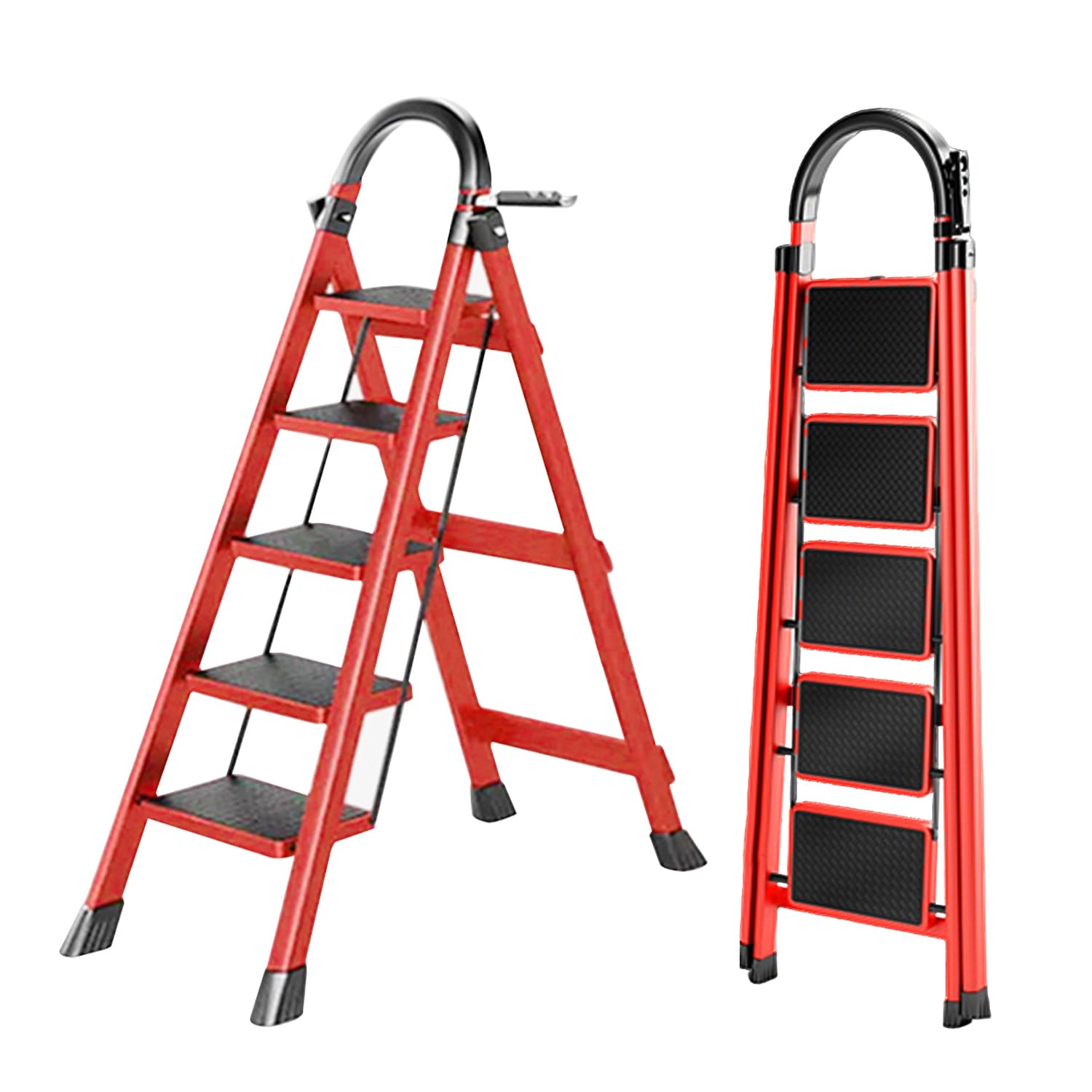 K IKIDO Inklapbare trapladder, ladder met leuning, 3/4/5 treden, antislip, gemakkelijk op te bergen, brede treden, geschikt voor keuken, huishouden en wonen, belastbaarheid tot 150 kg (rood, 4 treden