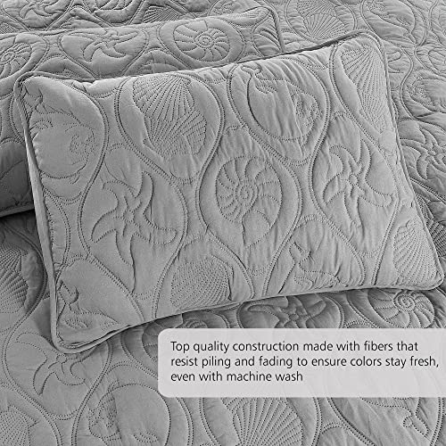 Pure Bedding Quilt Set Full/Queen Size Light Grey - Oversized Bedspread, Soft Microfiber Coverlet For All Season - Includes 1 Quilt And 2 Shams, Ocean Star Pattern #TOP2