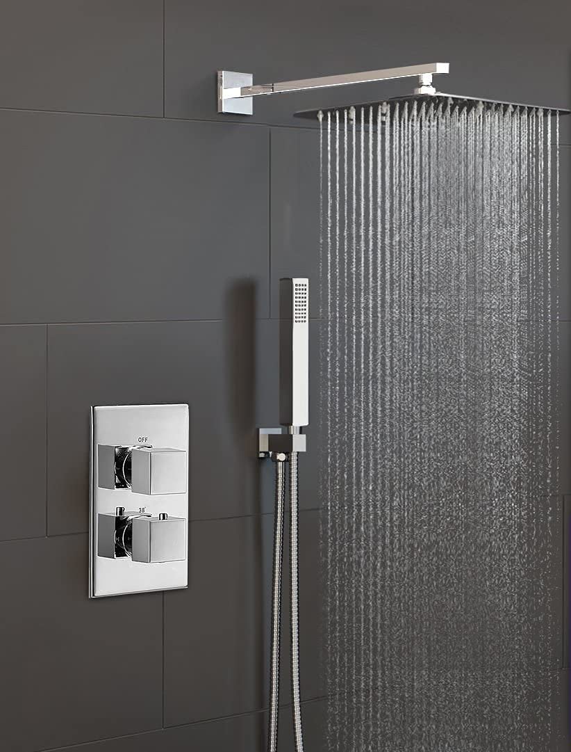 Nes Home | Lily Square Thermostatic Concealed Mixer Brass Valve 2 Dial 2 Outlet + 200mm Thin Shower Head & Arm + Shower Handset & Bracket & Hose