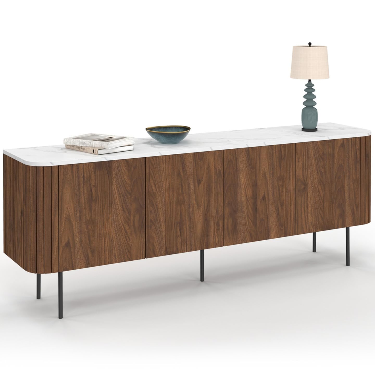IDMarket - Buffet Bas 160 cm Marla 4 Portes Effet Noyer et Lattes et Plateau marbre Blanc Alaska