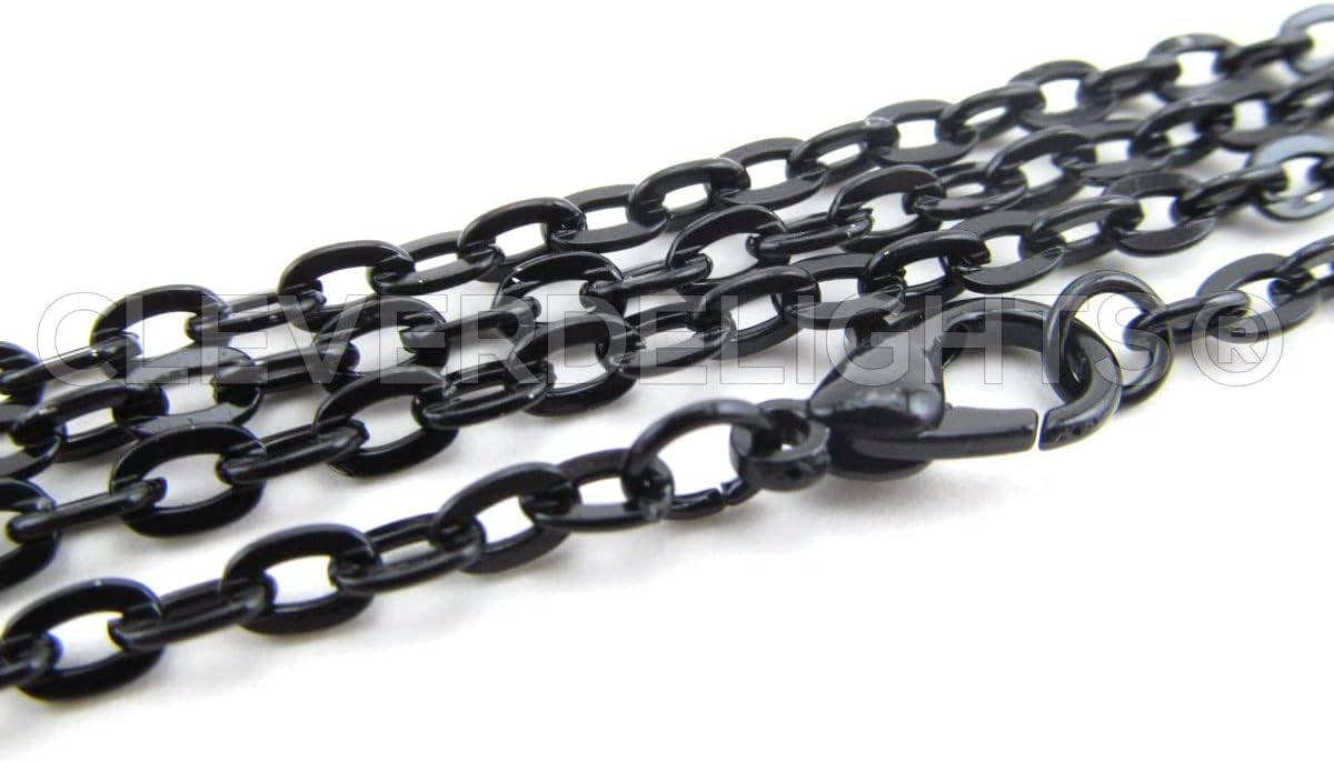 CleverDelights 3x4mm Cable Chain Necklaces - Dark Black Color - 10 Pack - 24 Inch Length