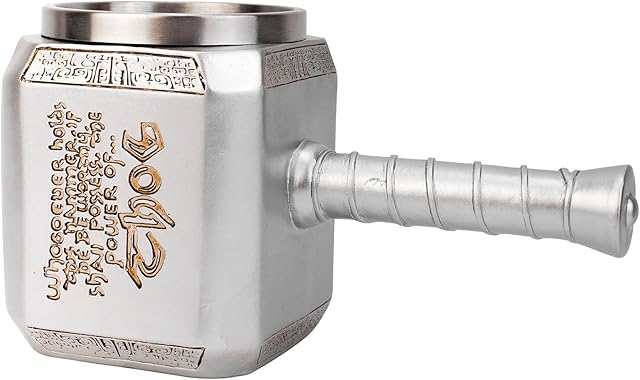 Thor Hammer Mug Tankard Nordic Style Decorations Stainless Steel Resin Norse Mythology Mjolnir Beer Mug with Corkscrew Milk Coffee Cup 15.2 Oz (450ml) (Silver)
